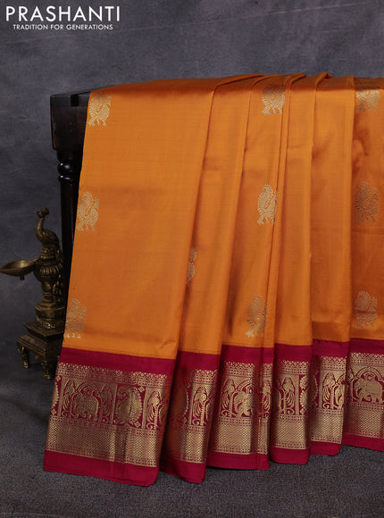 10 Yards pure kanchipuram silk saree dark mustard and maroon with annam & paisley zari woven buttas and rich zari woven border
