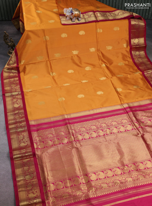 10 Yards pure kanchipuram silk saree dark mustard and maroon with annam & paisley zari woven buttas and rich zari woven border