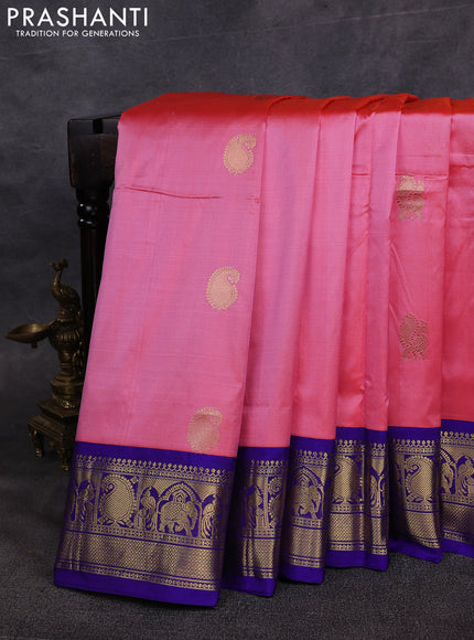 10 Yards pure kanchipuram silk saree peach pink and blue with annam & paisley zari woven buttas and rich zari woven border