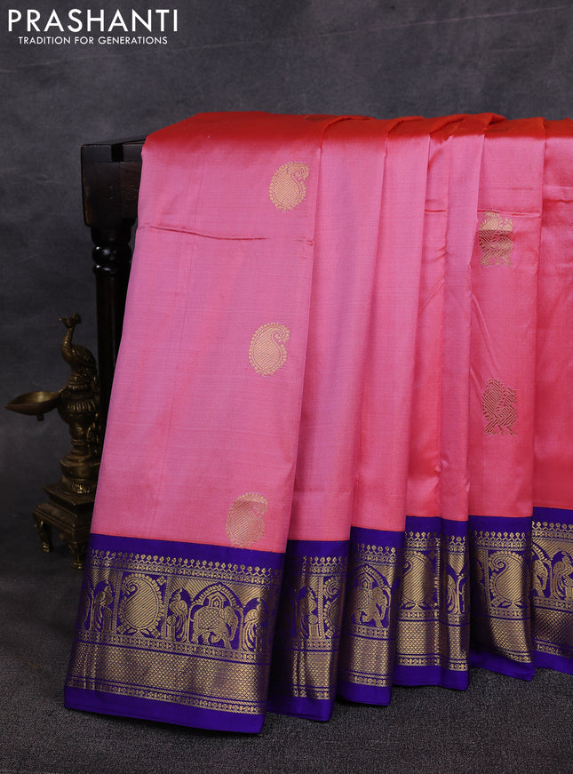 10 Yards pure kanchipuram silk saree peach pink and blue with annam & paisley zari woven buttas and rich zari woven border