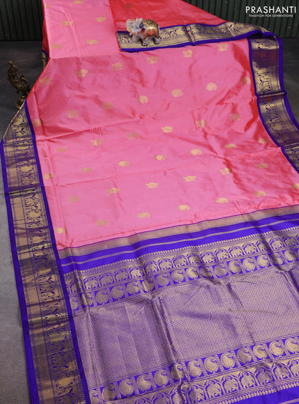 10 Yards pure kanchipuram silk saree peach pink and blue with annam & paisley zari woven buttas and rich zari woven border