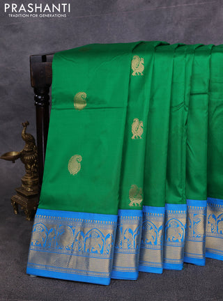 10 Yards pure kanchipuram silk saree green and cs blue with annam & paisley zari woven buttas and rich zari woven border