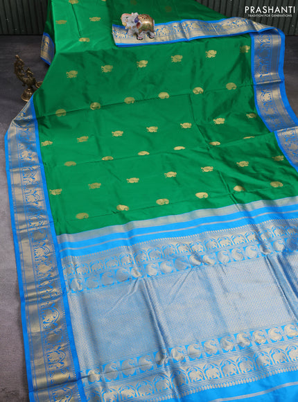 10 Yards pure kanchipuram silk saree green and cs blue with annam & paisley zari woven buttas and rich zari woven border