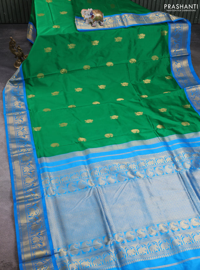10 Yards pure kanchipuram silk saree green and cs blue with annam & paisley zari woven buttas and rich zari woven border