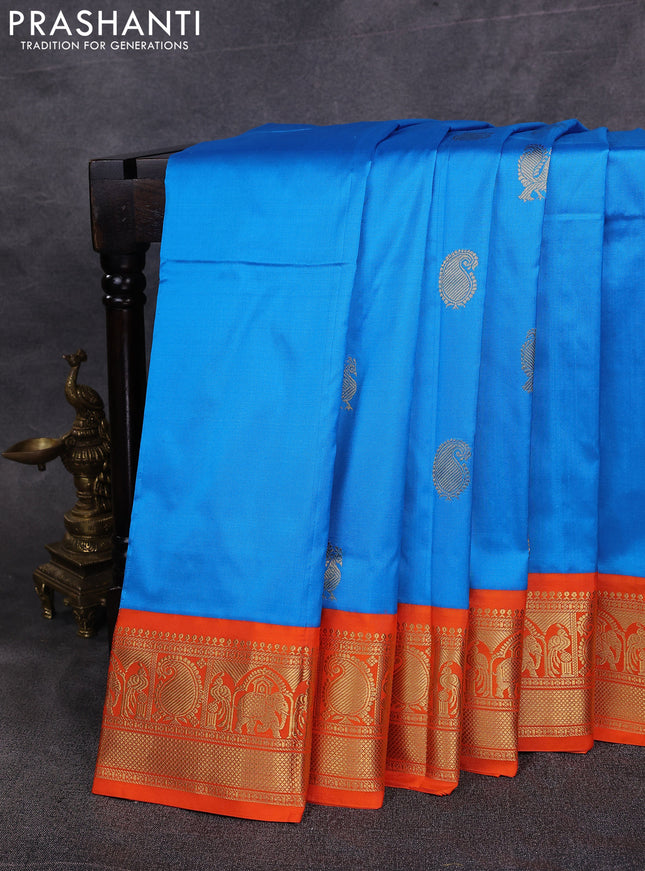 10 Yards pure kanchipuram silk saree cs blue and orange with annam & paisley zari woven buttas and rich zari woven border