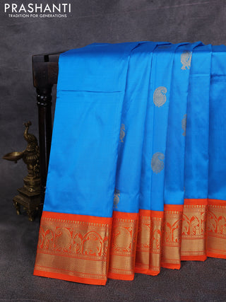 10 Yards pure kanchipuram silk saree cs blue and orange with annam & paisley zari woven buttas and rich zari woven border