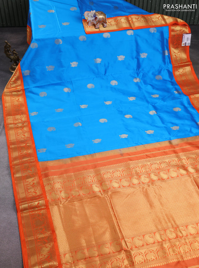 10 Yards pure kanchipuram silk saree cs blue and orange with annam & paisley zari woven buttas and rich zari woven border