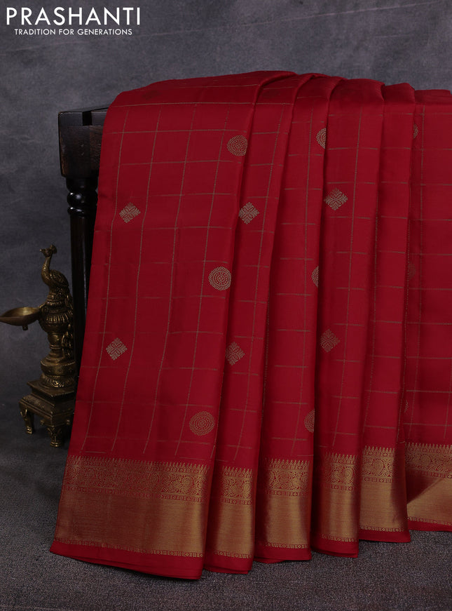 10 Yards pure kanchipuram silk saree red with allover zari checks & buttas and rich zari woven border