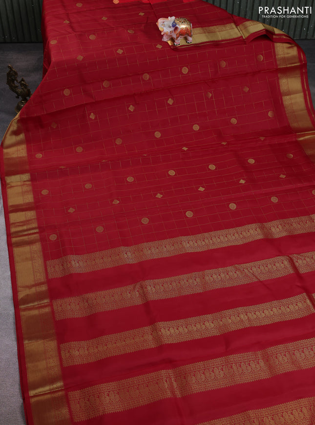 10 Yards pure kanchipuram silk saree red with allover zari checks & buttas and rich zari woven border