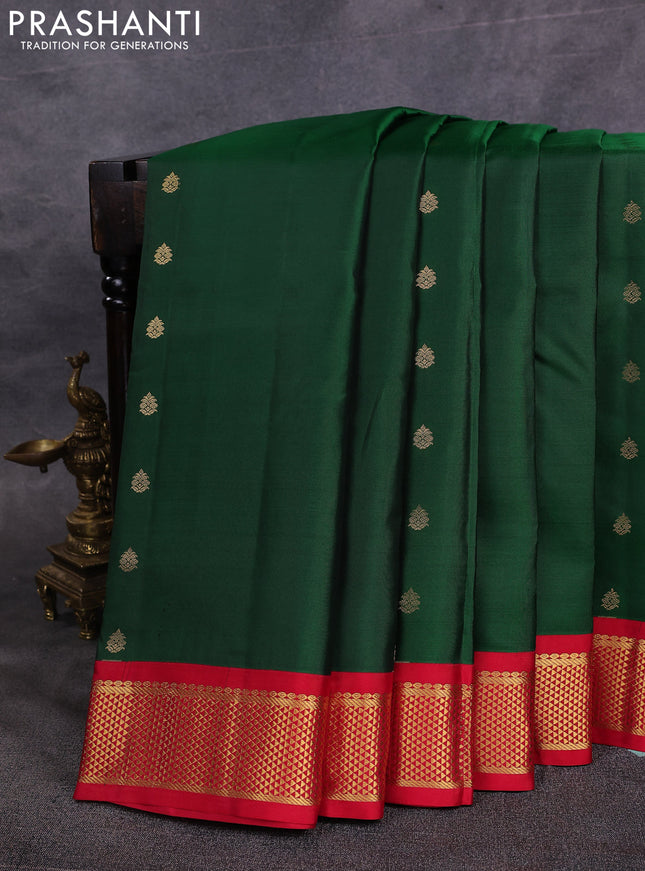 10 Yards pure kanchipuram silk saree green and red with allover zari woven buttas and zari woven border