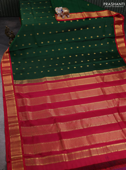 10 Yards pure kanchipuram silk saree green and red with allover zari woven buttas and zari woven border