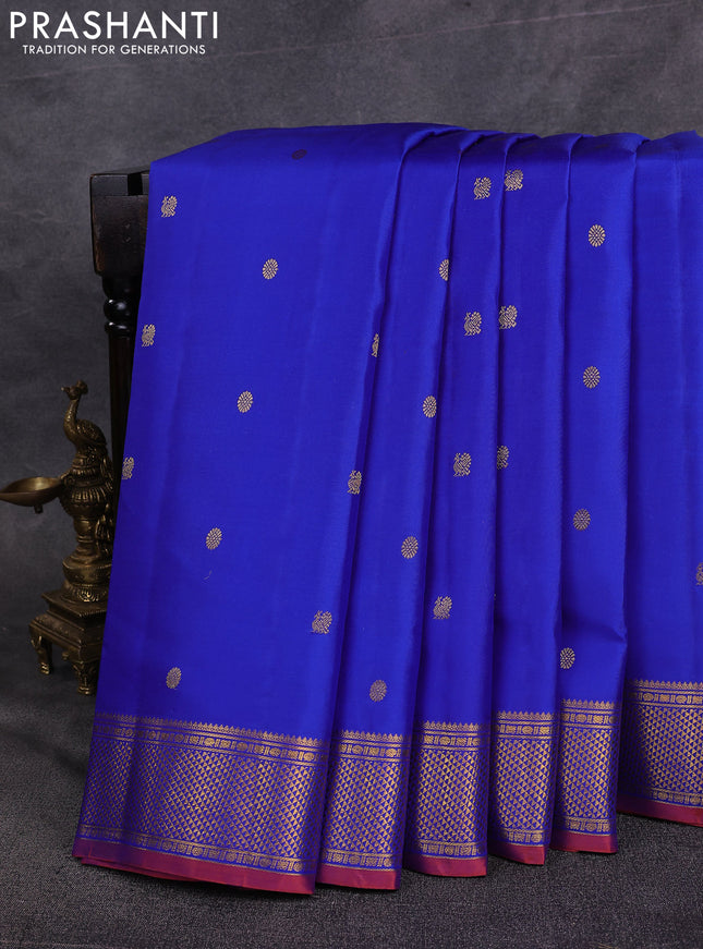 10 Yards pure kanchipuram silk saree royal blue and orange with allover zari woven buttas and zari woven border