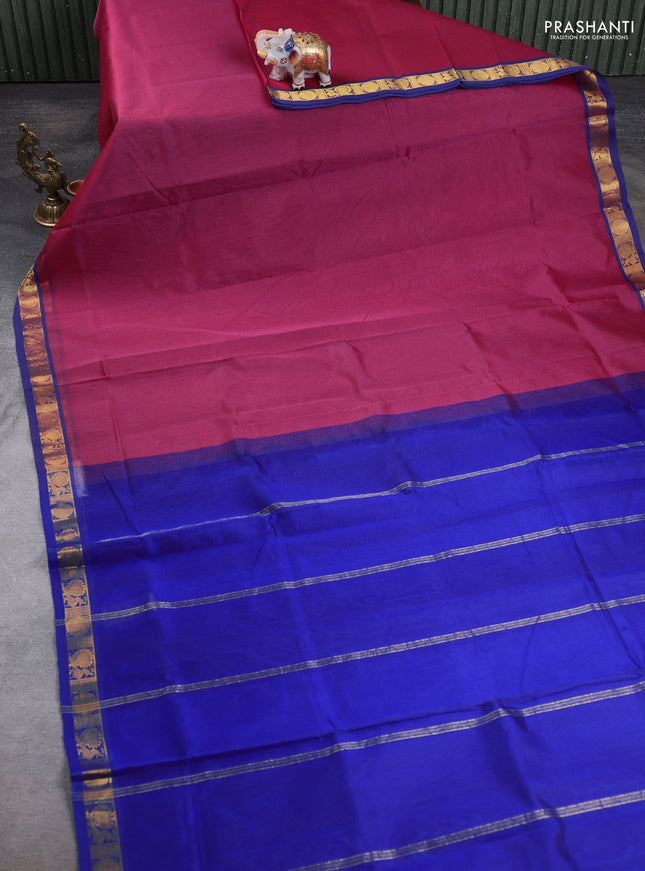 10 Yards silk cotton saree pink shade and violet with plain body and zari woven border