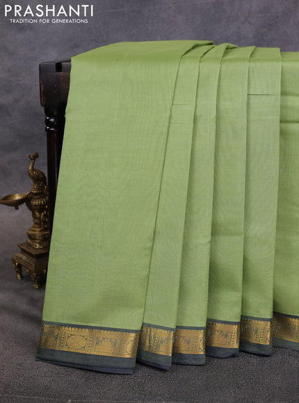 10 Yards silk cotton saree pista green and blue with plain body and zari woven border