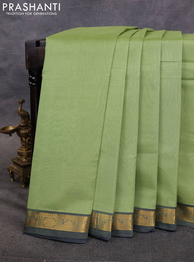 10 Yards silk cotton saree pista green and blue with plain body and zari woven border
