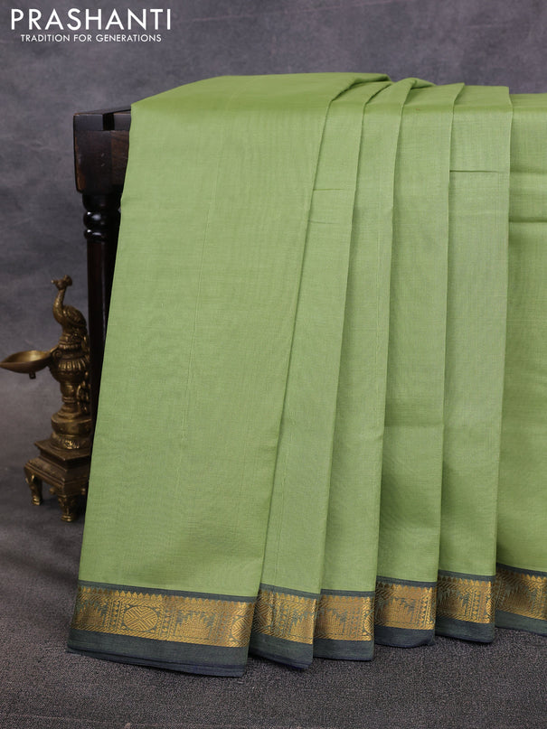 10 Yards silk cotton saree pista green and blue with plain body and zari woven border