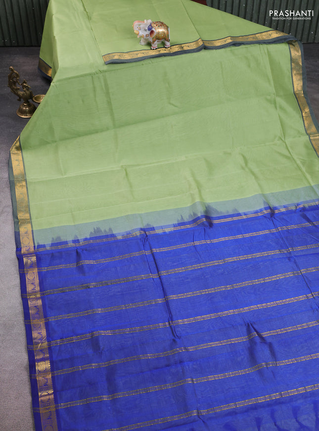 10 Yards silk cotton saree pista green and blue with plain body and zari woven border