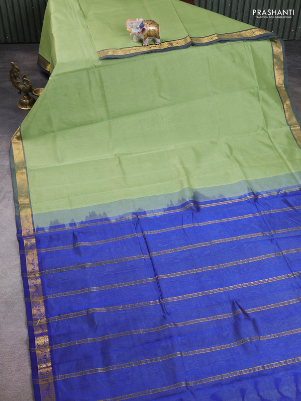 10 Yards silk cotton saree pista green and blue with plain body and zari woven border