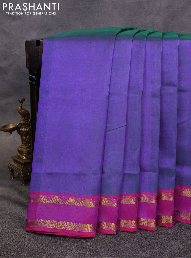 10 Yards silk cotton saree dual shade of greenish violet and red with plain body and rettapet zari woven border