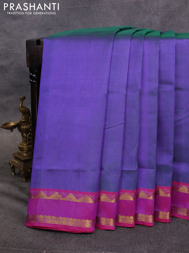 10 Yards silk cotton saree dual shade of greenish violet and red with plain body and rettapet zari woven border