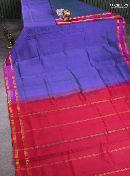 10 Yards silk cotton saree dual shade of greenish violet and red with plain body and rettapet zari woven border