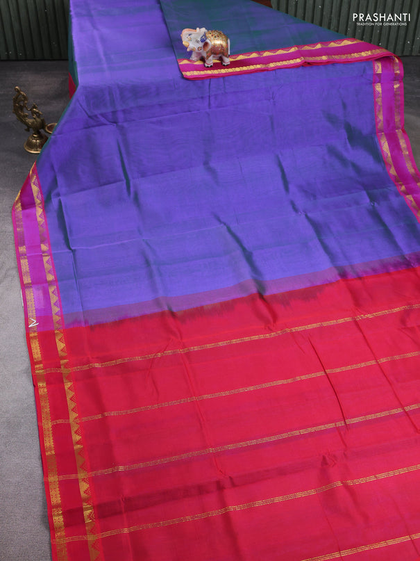 10 Yards silk cotton saree dual shade of greenish violet and red with plain body and rettapet zari woven border