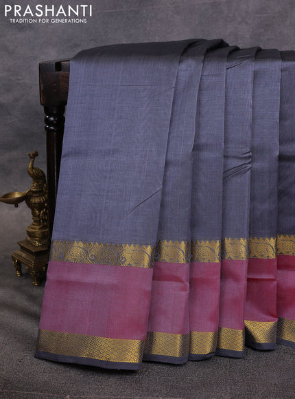10 Yards silk cotton saree grey and red with plain body and rettapet zari woven border