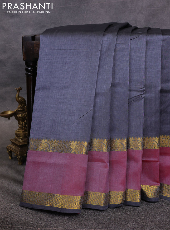 10 Yards silk cotton saree grey and red with plain body and rettapet zari woven border
