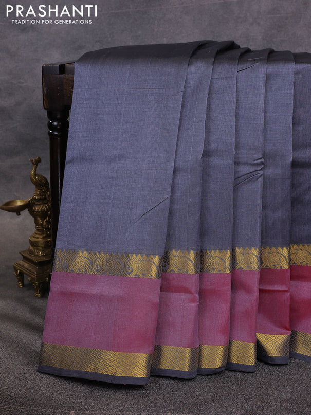 10 Yards silk cotton saree grey and red with plain body and rettapet zari woven border