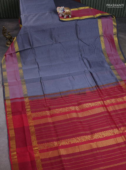 10 Yards silk cotton saree grey and red with plain body and rettapet zari woven border
