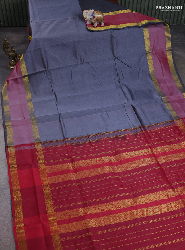 10 Yards silk cotton saree grey and red with plain body and rettapet zari woven border