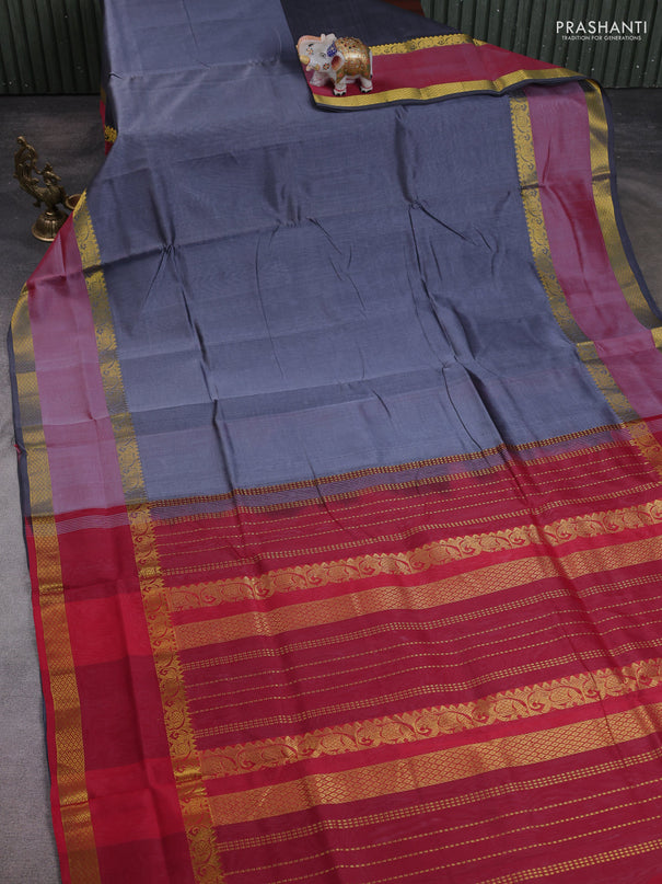 10 Yards silk cotton saree grey and red with plain body and rettapet zari woven border