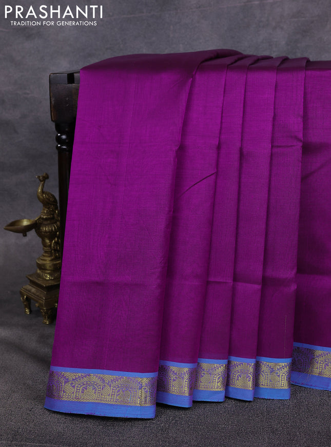10 Yards silk cotton saree purple and blue with plain body and zari woven border