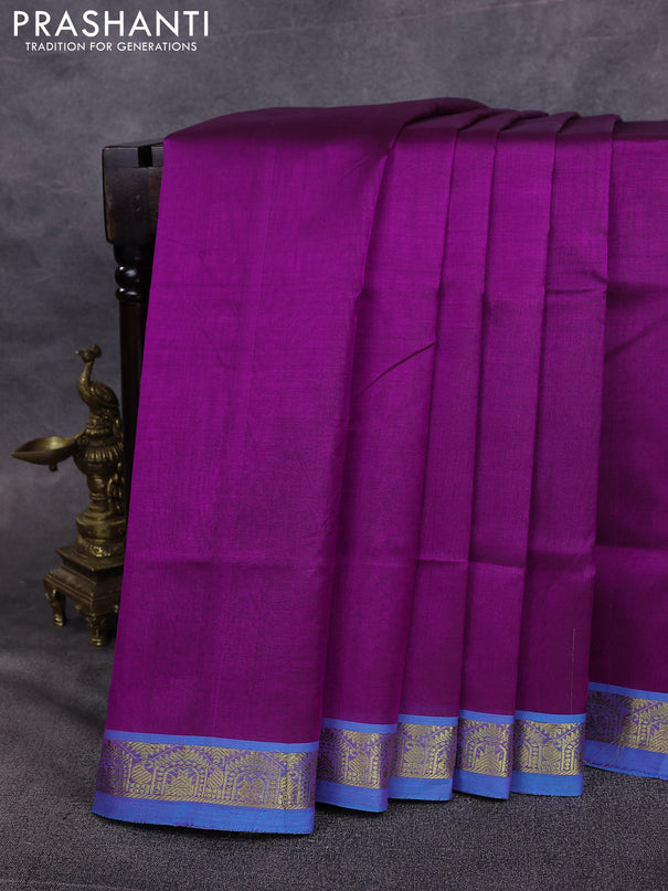 10 Yards silk cotton saree purple and blue with plain body and zari woven border