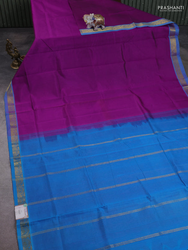 10 Yards silk cotton saree purple and blue with plain body and zari woven border