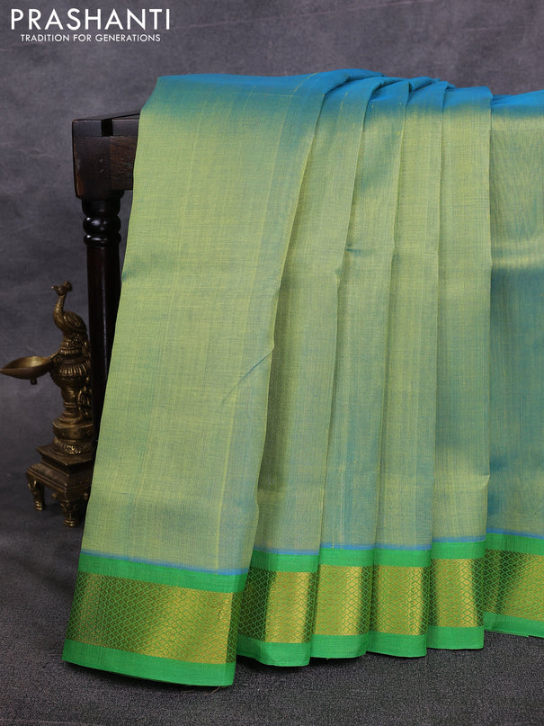 10 Yards silk cotton saree dual shade of green and parrot green with plain body and zari woven border