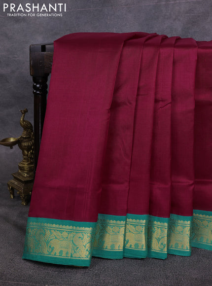 10 Yards silk cotton saree maroon and teal green with plain body and zari woven border
