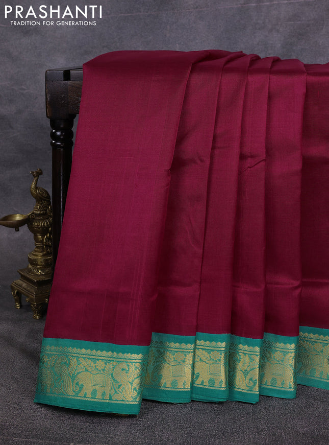 10 Yards silk cotton saree maroon and teal green with plain body and zari woven border
