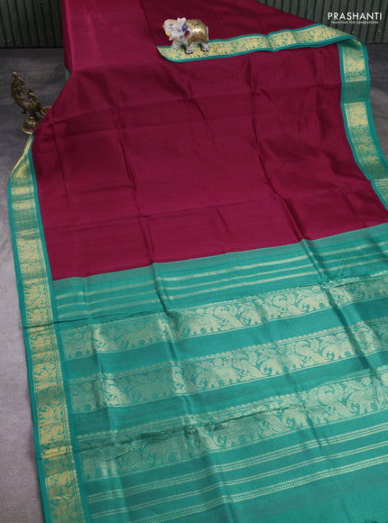10 Yards silk cotton saree maroon and teal green with plain body and zari woven border