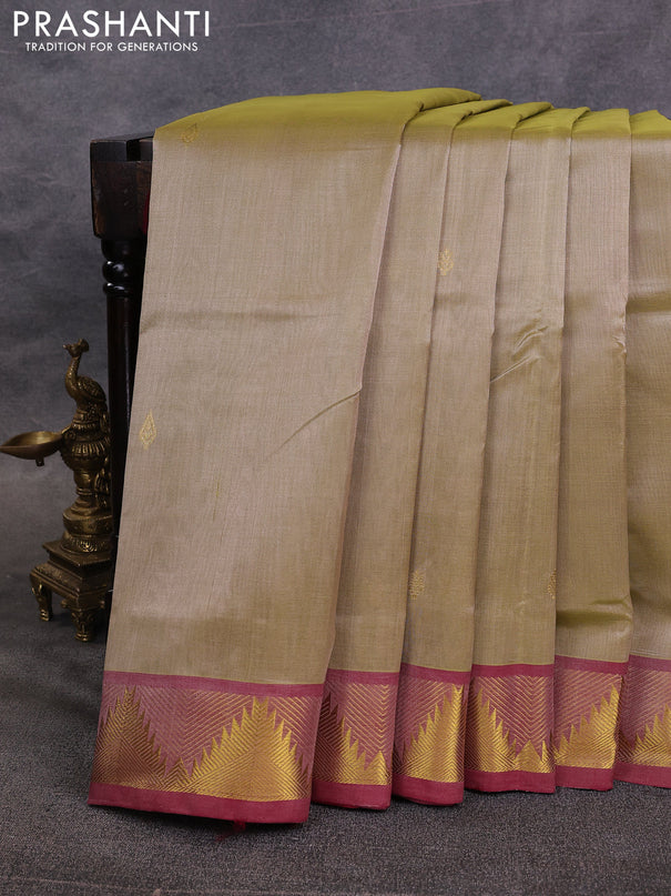 10 Yards silk cotton saree beige and maroon with zari woven buttas and temple zari woven border