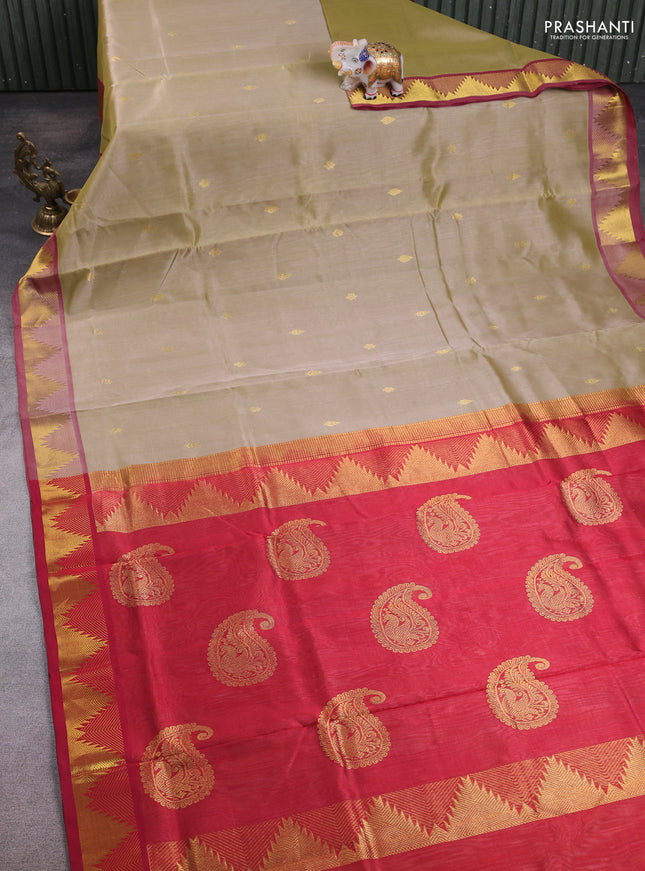 10 Yards silk cotton saree beige and maroon with zari woven buttas and temple zari woven border