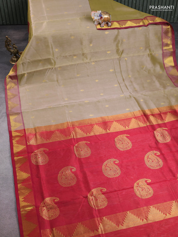 10 Yards silk cotton saree beige and maroon with zari woven buttas and temple zari woven border