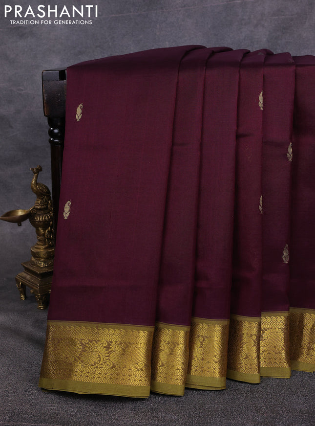 10 Yards silk cotton saree wine shade and light green with plain body and zari woven border