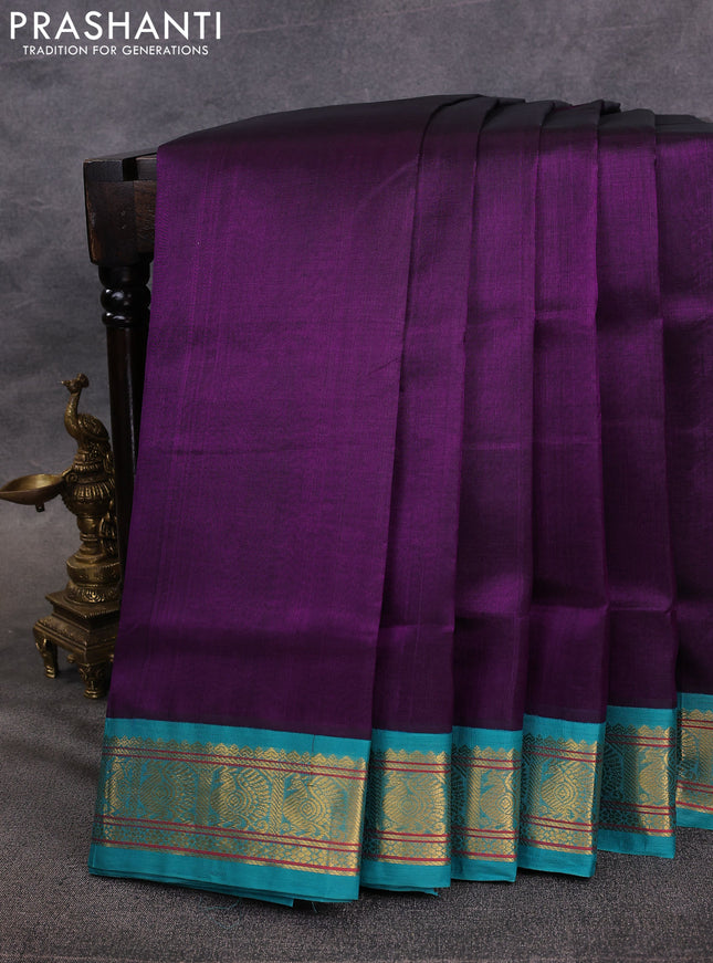 10 Yards silk cotton saree purple and teal blue with plain body and annam zari woven border