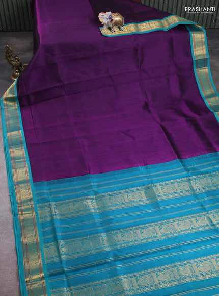 10 Yards silk cotton saree purple and teal blue with plain body and annam zari woven border