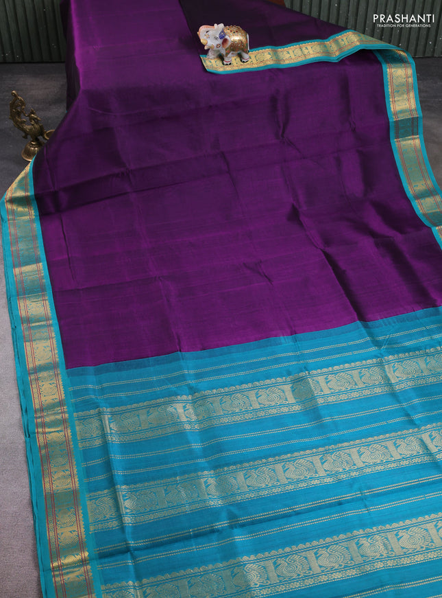 10 Yards silk cotton saree purple and teal blue with plain body and annam zari woven border