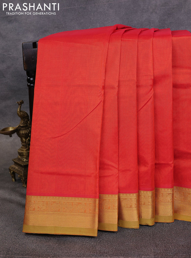 10 Yards silk cotton saree orange and light green with plain body and zari woven border