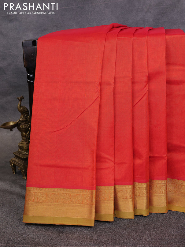 10 Yards silk cotton saree orange and light green with plain body and zari woven border
