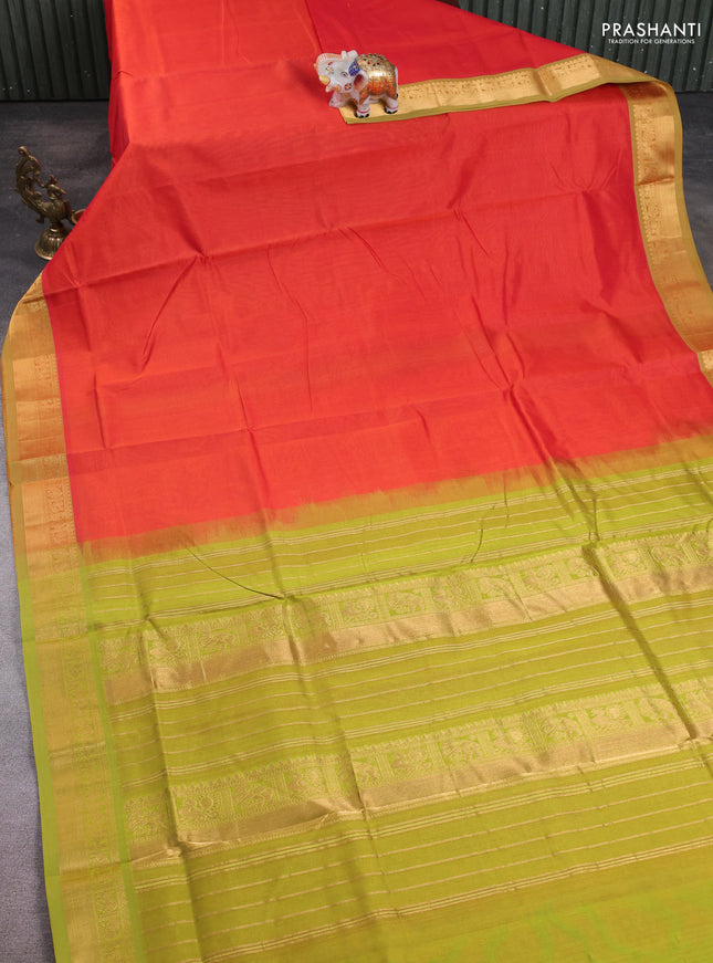 10 Yards silk cotton saree orange and light green with plain body and zari woven border
