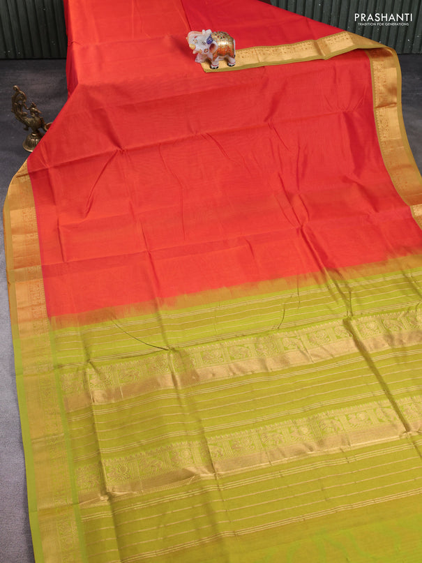 10 Yards silk cotton saree orange and light green with plain body and zari woven border